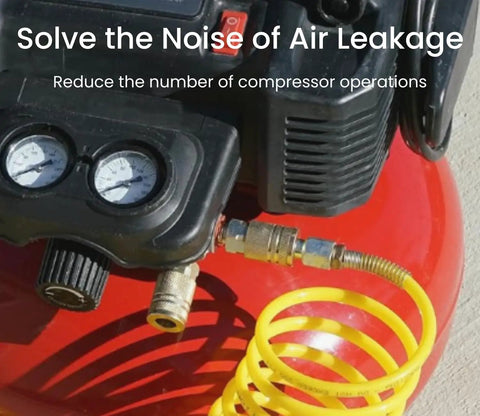 Air compressor with Brass Quarter Inch Female Industrial Air Coupler Set 10 Pack Quick Connector Fittings attached.