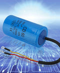 Heavy Duty Cd60 Operating Capacitor 250V Ac for AC and motors, blue cylindrical component with wires.