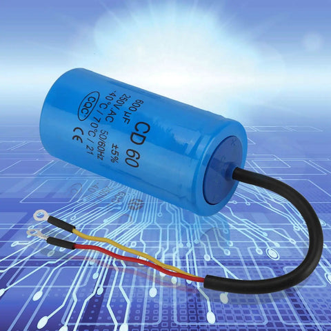 Heavy Duty Cd60 Operating Capacitor 250V Ac for AC and motors, blue cylindrical component with wires.
