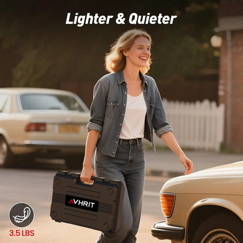 Woman carrying a 3.5 lbs case labeled AVHRIT, showcasing portability for tools like the Straight Up Powerhouse 3/8 Inch Cordless Impact Wrench.