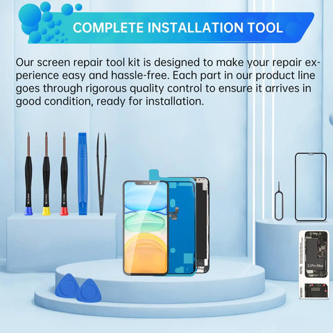 IPhone 11 Pro Max 6.5 Inch Screen Replacement Kit With 3D Touch LCD Digitizer Full Assembly And Front Glass Waterproof Adhesive And Tools DIY Friendly A2161 A2218 A2220 on display with tools and components