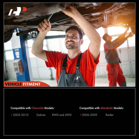 Mechanic installing hydraulic power steering rack and pinion under vehicle. Compatible with Dodge Dakota 2005-2010 and Mitsubishi Raider 2006-2009.