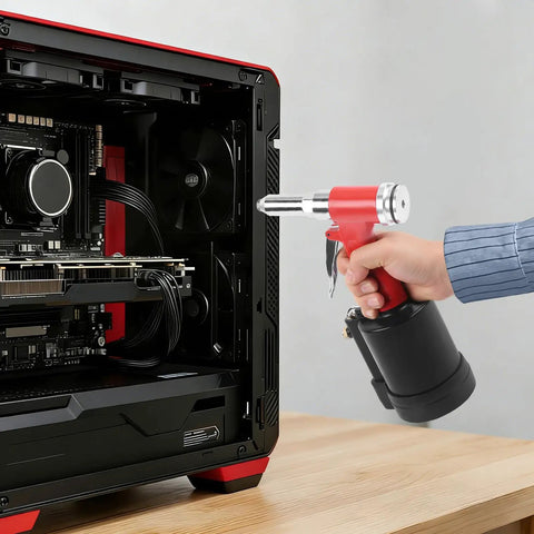 Heavy Duty Air Hydraulic Pop Rivet Gun for Fast, Reliable Riveting, Pneumatic Riveter Tool With Stainless Steel Body And Aluminum Frame, Pro Grade Durability For Metalworking, Automotive, And Home DIY Projects, shown near PC case