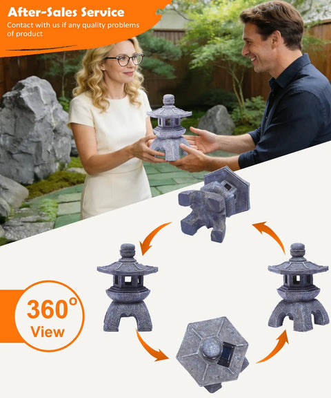 Solar Pagoda Lantern Garden Statue For Indoor Outdoor Use Zen Vibes Asian Decor For Landscape Balcony Patio Porch Yard Polyresin With Stone Finish Yard Art Ornament 360 view with two people.