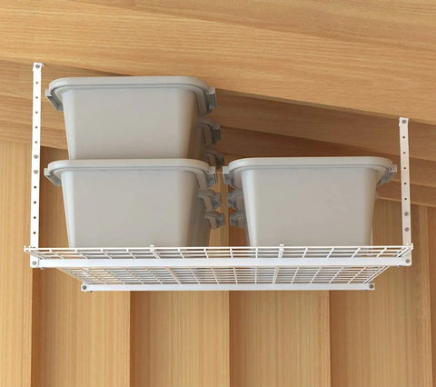 Keep That Garage Floor Clear Heavy Duty Overhead Storage Rack Adjustable Ceiling Mount 45 By 45 Inch Steel Hanging Shelf Stack Your Gear Top Tier Space Saving Organizer Built To Handle Two Hundred Fifty Pounds