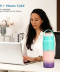 22oz Portable Breast Milk Cooler Bottle with Two BPA-Free Bottles Featuring Measurement Marks on desk with woman using laptop.