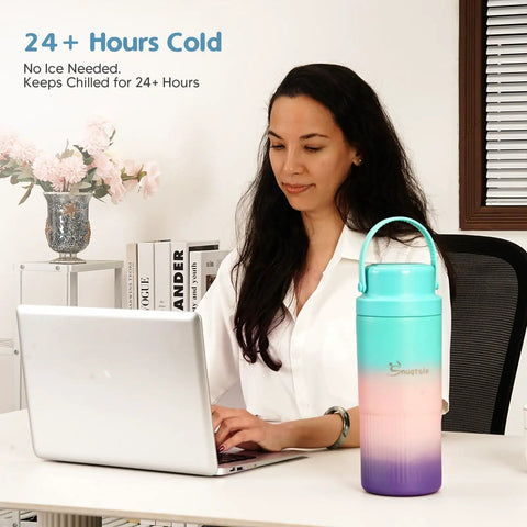 22oz Portable Breast Milk Cooler Bottle with Two BPA-Free Bottles Featuring Measurement Marks on desk with woman using laptop.