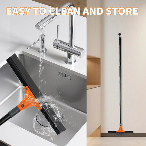 Heavy Duty 2-In-1 Floor Squeegee Workhorse With 16-Inch Rubber Blade And 6-Inch Scrub Brush 62-Inch Handle shown being rinsed