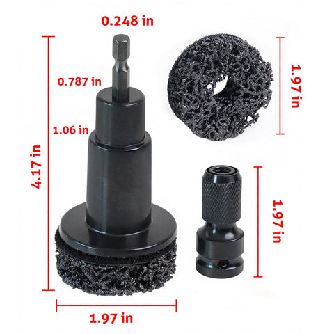 Wheel Hub Cleaning Tool And Stud Cleaner Kit with six grinding bits and measurements shown, compatible with drill or impact wrench.