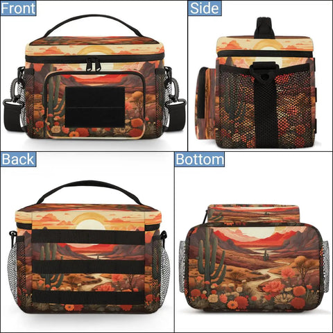 Desert Flower Cactus Tactical Lunch Bag Insulated Leakproof Lunch Box With Adjustable Shoulder Strap For Work Camp Trips Beach Picnic 7L Cooler Meal Prep Container showing front, side, back, and bottom views.