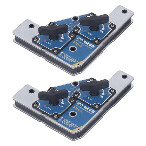 FTVOGUE Heavy Duty Welding Magnet 2 Pack With Insane 62 Pound Pull Force Holds Steel Iron Or Pipes Tight For Precise 90 Degree Alignment And Solid DIY Fabrication Projects showing dual angle steel magnets with ergonomic toggles.