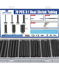 Adhesive Lined Heat Shrink Tubing Kit, 70 Piece Set In 7 Sizes With 3 To 1 Shrink Ratio in clear plastic case with diagram
