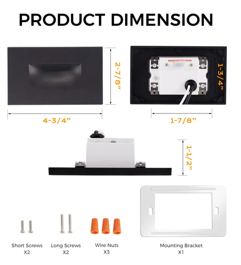 Dimensions and components of 12V Low Voltage Indoor Outdoor Smart LED Step Lights For Homes And Decks, RGBCW Color Changing Stair Lights