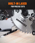 DOVAMAN 10-inch sliding miter saw with laser guide, front view cutting wood.