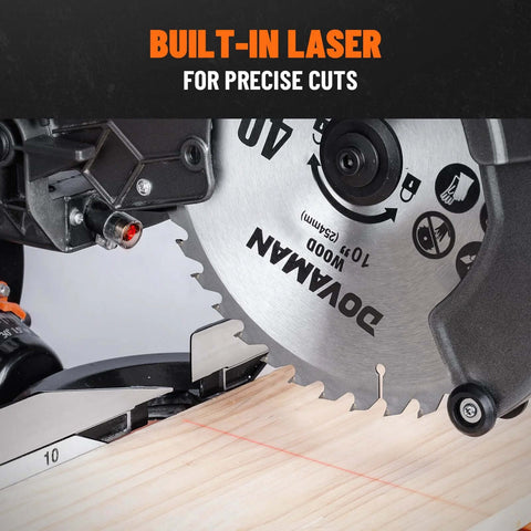 DOVAMAN 10-inch sliding miter saw with laser guide, front view cutting wood.