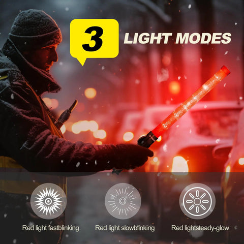 Person using 6-Piece 21-Inch Traffic Control Wand With 3 Flashing Modes Safety Baton Light in snowy weather, showing LED light modes.