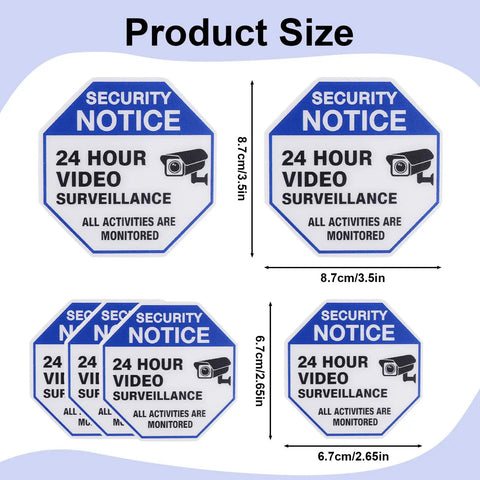 Two Large 3.5 Inch And Four Medium 2.65 Inch Weatherproof Video Surveillance Stickers With Strong Adhesive Security Camera Signs For Indoor And Outdoor Use To Deter Thieves And Keep Your Property Safe. Size chart showing two 3.5in and four 2.65in stickers
