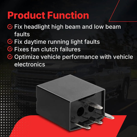 4 Pin Headlight Relay Fuse Module Replacement for Chevy Trailblazer GMC Buick Saab shown with product functions listed.