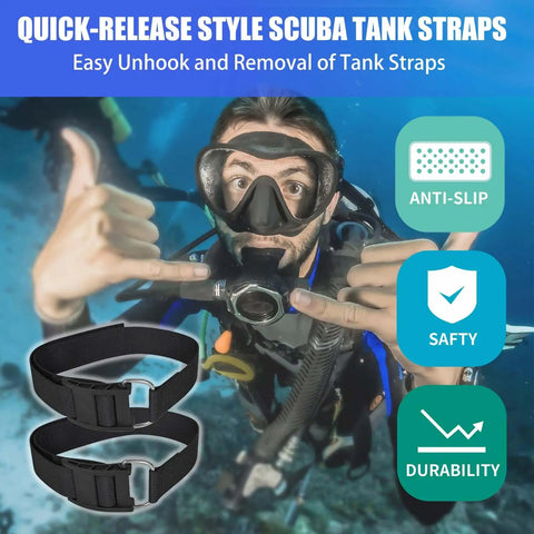 Diver using Scuba Diving BCD Tank Strap with Quick Release Cam Buckles and No Slip Pads, showcasing ease of use and durability.