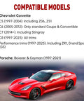 Corvette lift puck promotional image with compatible models list and a red Chevrolet Corvette car