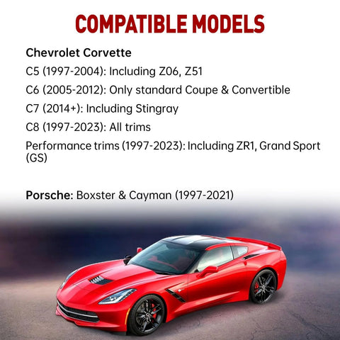 Corvette lift puck promotional image with compatible models list and a red Chevrolet Corvette car
