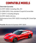 Red Chevrolet Corvette C7 on road with compatible models text above
