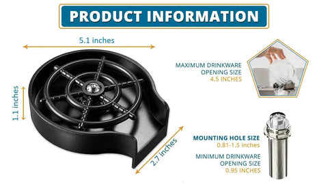 360 Degree Glass Rinser For Kitchen Sink Matte Black Cup Washer High Pressure Cleaner with dimensions and components