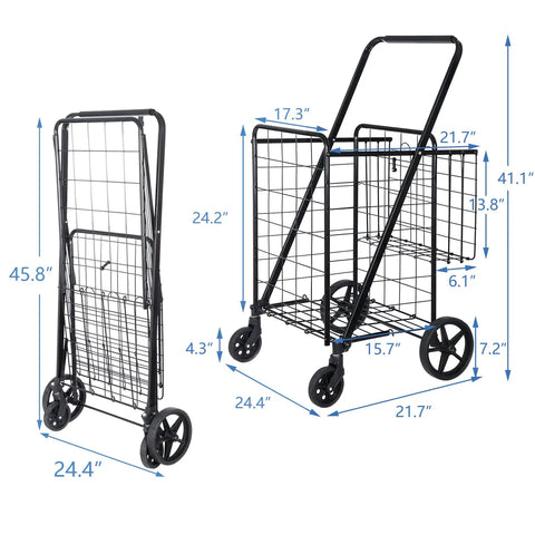 Foldable Utility Shopping Cart With Double Baskets For Grocery And Laundry, dimensions shown, heavy-duty metal frame, side view
