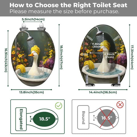 Elongated Toilet Seat Resin for Bathroom with size guide illustration, displaying dimensions for correct fit.