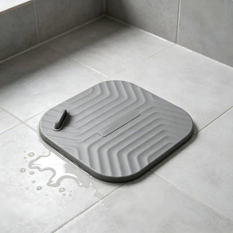 Shower Drain Cover Tub Stopper Square Silicone Floor Drain Cover in gray, 5.9x5.9 inches, on tile with water.