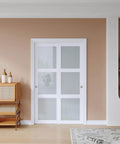 Double 25 Inch Sliding Closet Door Set For Bedroom, 48 By 80 Inch Frosted Glass Panels With 3-Lite Design, Preassembled MDF White