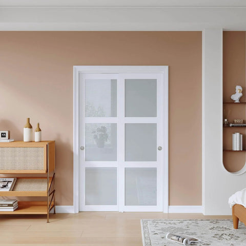 Double 25 Inch Sliding Closet Door Set For Bedroom, 48 By 80 Inch Frosted Glass Panels With 3-Lite Design, Preassembled MDF White