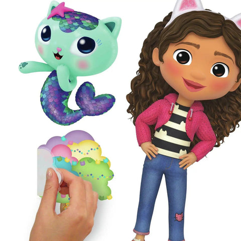 Gabby's Dollhouse Peel And Stick Wall Decals Set With 42 Pieces In Pink Purple Blue, featuring characters and hand application.