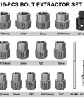 16 Piece Chrome Moly Steel Bolt Extractor Socket Set To Bust Loose Stubborn Rusted And Stripped Nuts Pro Grade Mechanic Garage Wrench Kit with various socket sizes