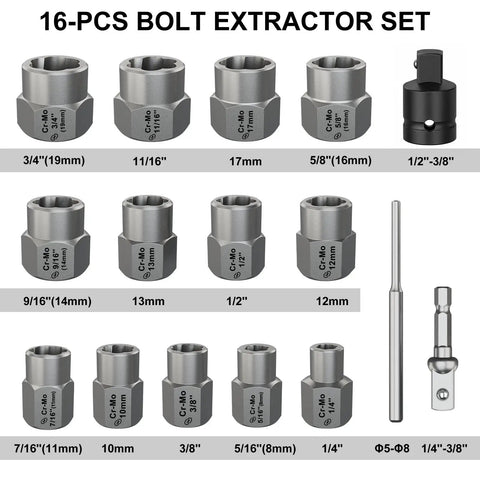 16 Piece Chrome Moly Steel Bolt Extractor Socket Set To Bust Loose Stubborn Rusted And Stripped Nuts Pro Grade Mechanic Garage Wrench Kit with various socket sizes