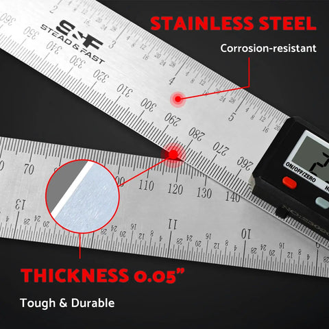 Must Have Digital Angle Finder Tool For Woodworking 7 Inch 200 Mm Stainless Steel With Case close-up view of ruler scale.