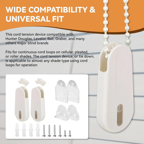 Two Pack Universal Window Blind Cord Tensioner To Keep Your Pull Downs Snug And Straight, Child Proof Cord Retainer with screws and clips.