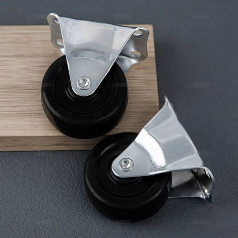 2 Pack 2 Inch Rubber Caster Wheels Heavy Duty Fixed Non Swivel Black Casters With Rigid Top Plate For Furniture And Trolleys 66 Lb Load Capacity Each Noiseless Rolling For Small Machines And Carts displayed on wood and slate surface