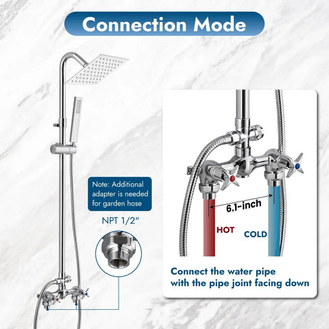 Wall Mount Outdoor Shower Kit With Chrome Rainfall Head And Handheld Spray, Double Cross Handles, Adjustable Slide Bar, Exposed Dual Function Faucet Fixture, Rust Resistant Stainless Steel And Brass Construction shown with connection mode details.