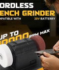 Fafeicy Mini Bench Grinder 3 Inch, Cordless With Variable Speed Control, close-up of grinding wheels and knife sharpening.