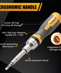 Professional 16 In 1 Ratcheting Multi Bit Screwdriver Set With Premium Hardened S2 Steel Bits And Nickel Coated Rust Proof Finish includes ergonomic handle and integrated bit storage.