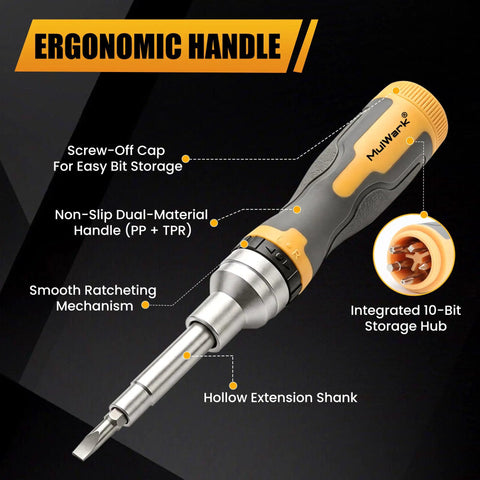 Professional 16 In 1 Ratcheting Multi Bit Screwdriver Set With Premium Hardened S2 Steel Bits And Nickel Coated Rust Proof Finish includes ergonomic handle and integrated bit storage.
