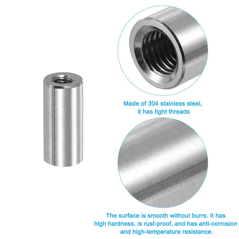M5x0.8 Round Coupling Nuts 20mm Long Five Pieces 304 Stainless Steel Fasteners For Industrial Construction Rod Bar Connectors Built To Last Beefy Tough As Nails Silver Finish, threaded close-up