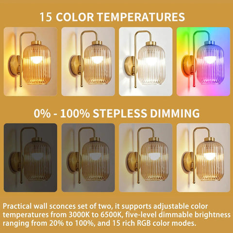 Rechargeable Battery Wall Sconces With Clear Glass Shades, showcasing 15 color temperatures and dimmable light options.