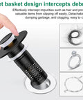 Universal Bathroom Sink Drain Strainer And Pop Up Stopper Hair Catcher with net basket, black stainless steel design for catching hair.