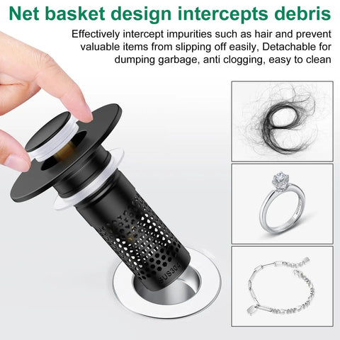 Universal Bathroom Sink Drain Strainer And Pop Up Stopper Hair Catcher with net basket, black stainless steel design for catching hair.