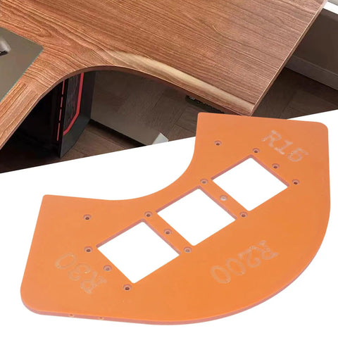 Top Shelf Router Template Kit For Dead Simple Cabinet Corner Cutting And Exact Switch Hole Marking Includes R15 R30 R100 R200 Radius Guides on wood top.