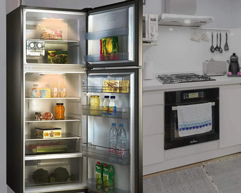 Open refrigerator in kitchen with Soft White LED Appliance Light Bulb For Refrigerator And Over Microwave Hood Stove Replacement A15 120V E26 Medium Base 500 Lumen 5W Non Dimmable 3000K Warm White Incandescent Replacement Pack Of 2 lighting interior
