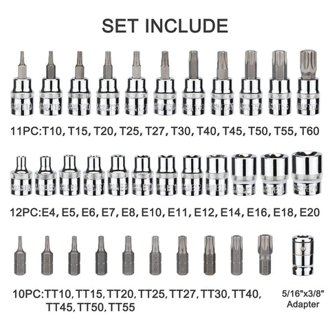 Front view of 34 Piece Torx Bit Socket Set With E-Torx Sockets Three Eighths Inch Drive CR-V And S2 Steel T10 to T60 TT10-TT55.
