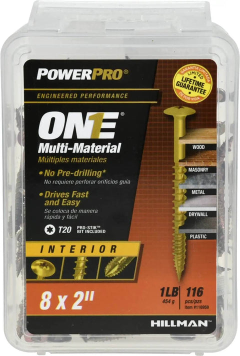 Pro Grade Multi Material Screws With A Durable Yellow Zinc Coat And Slick Wafer Head Design packaging for interior use, 8x2 inches, 116 screws.